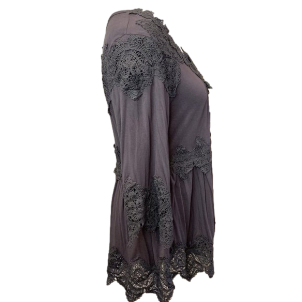 Bohemian meets Grunge Long sleeve Cotton top w Lace V- neck w/tie up Grey/purple - Picture 5 of 8